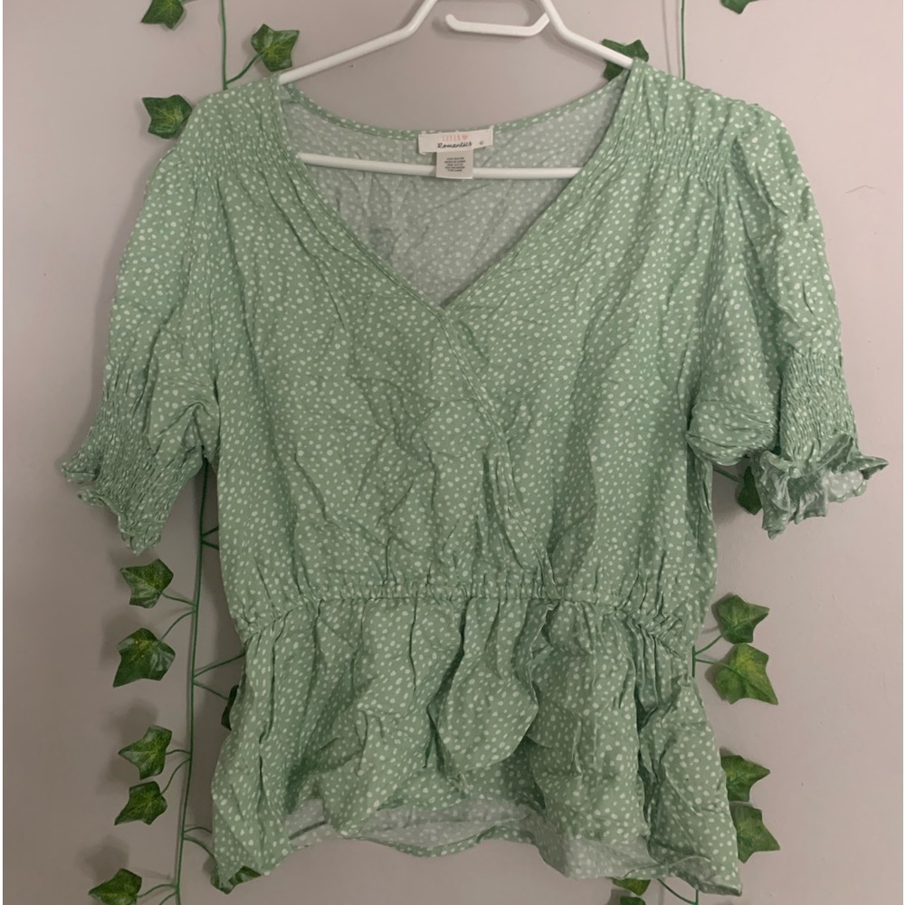Urban romantics green white spotted wrap style blouse shirt